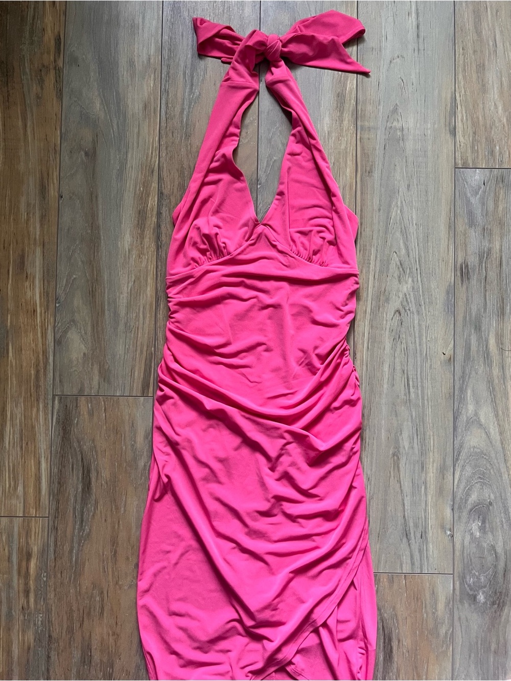 VENUS Hot Pink Halter Ruched Midi Dress
